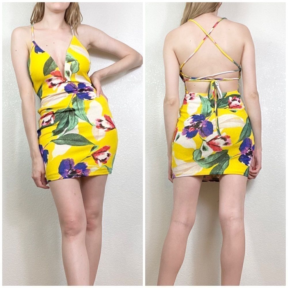 Privy Yellow Tropical Floral Strappy Bodycon Dress